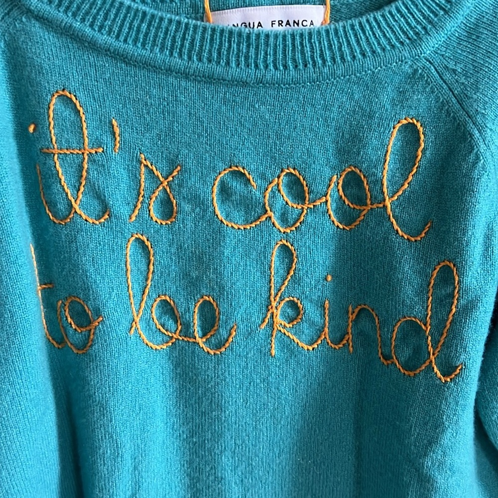Lingua Franca girls sweater cashmere embroidered It’s Cool to be Kind turquoise - Picture 2 of 7